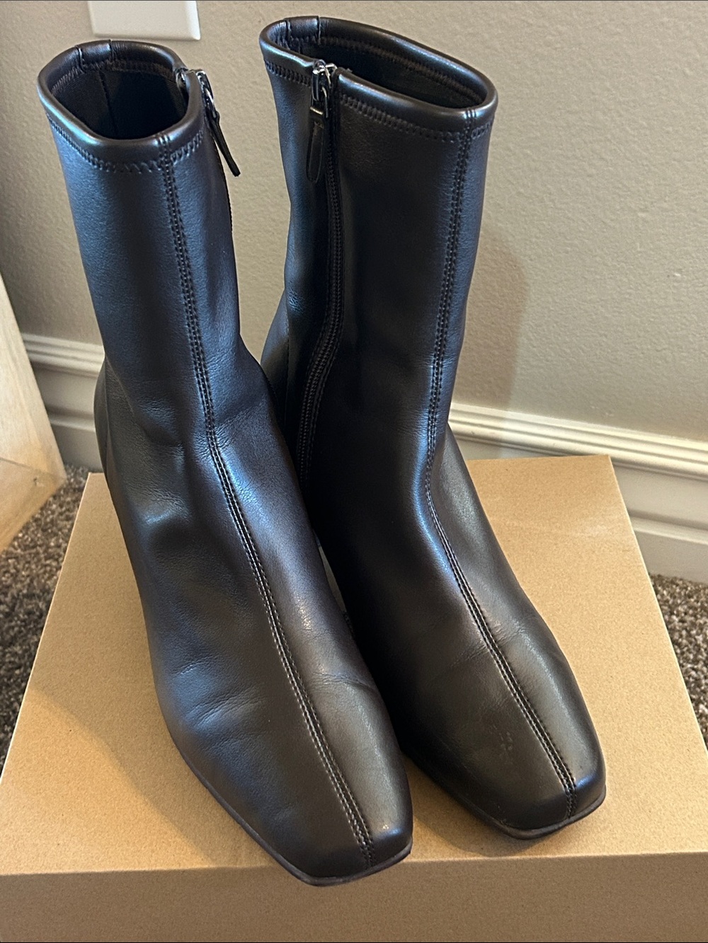 Chocolate Vegan Leather Square-Toe Ankle Boots